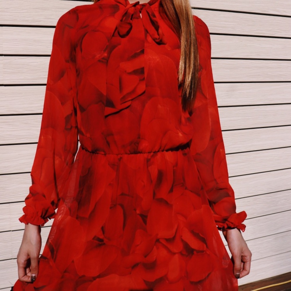Red Floral Long Sleeve Midi Dress